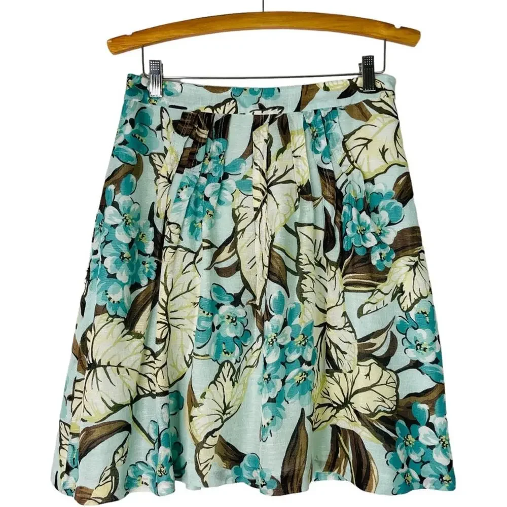 Loft blue brown floral linen silk pleated preppy office midi skirt 4